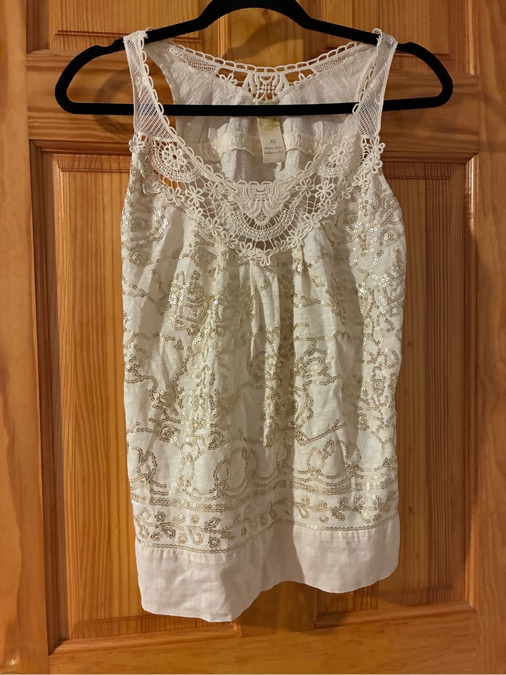 FP Ivory Crochet Yoke Sequin Top